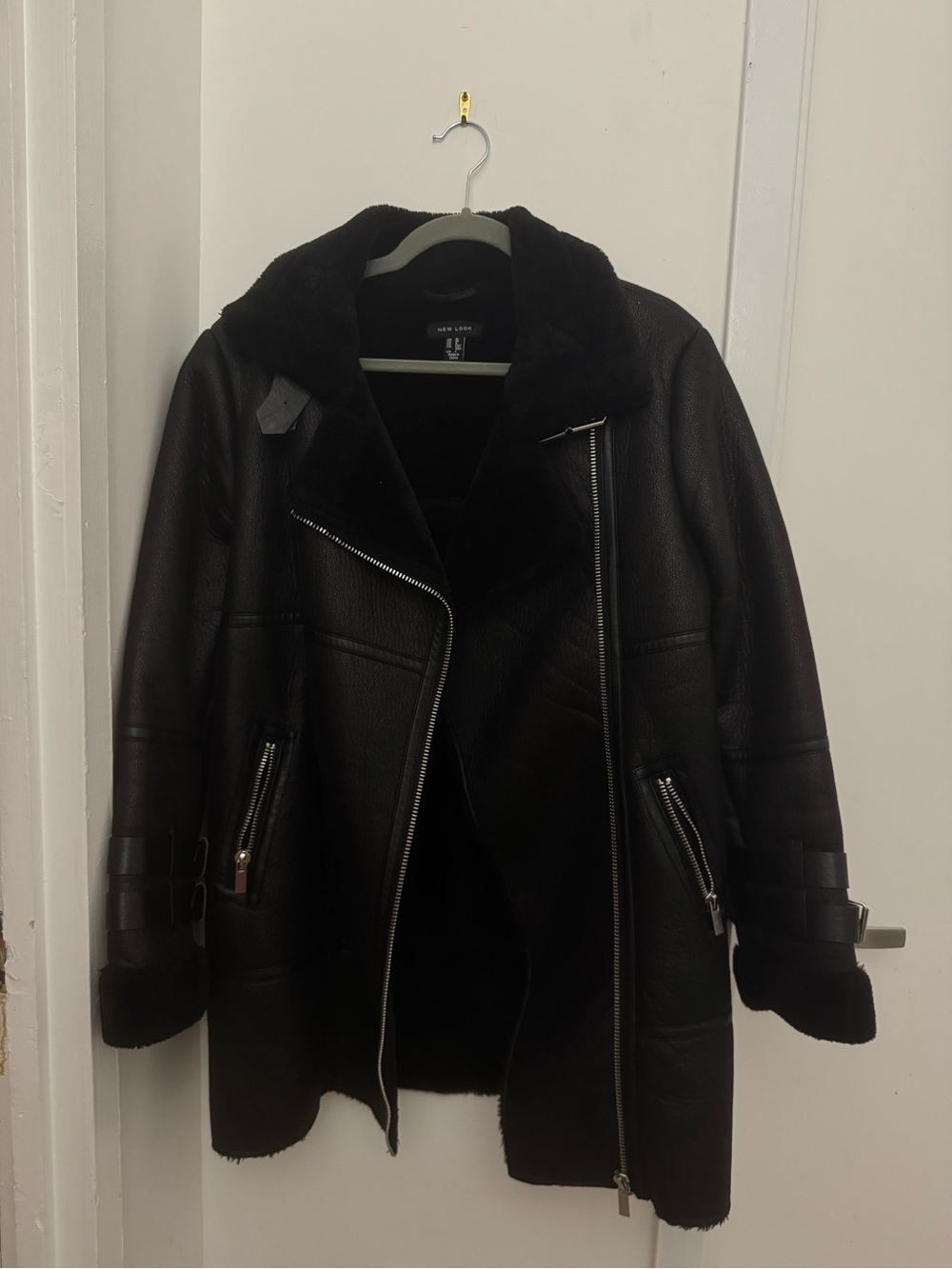 New Look Black Faux Fur-Trim Faux Leather Biker Jacket